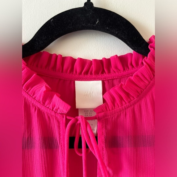 H&M Modest Chiffon Maxi Dress Cerise Pink A-Line Long Sleeve Ruffles XS - Picture 6 of 13